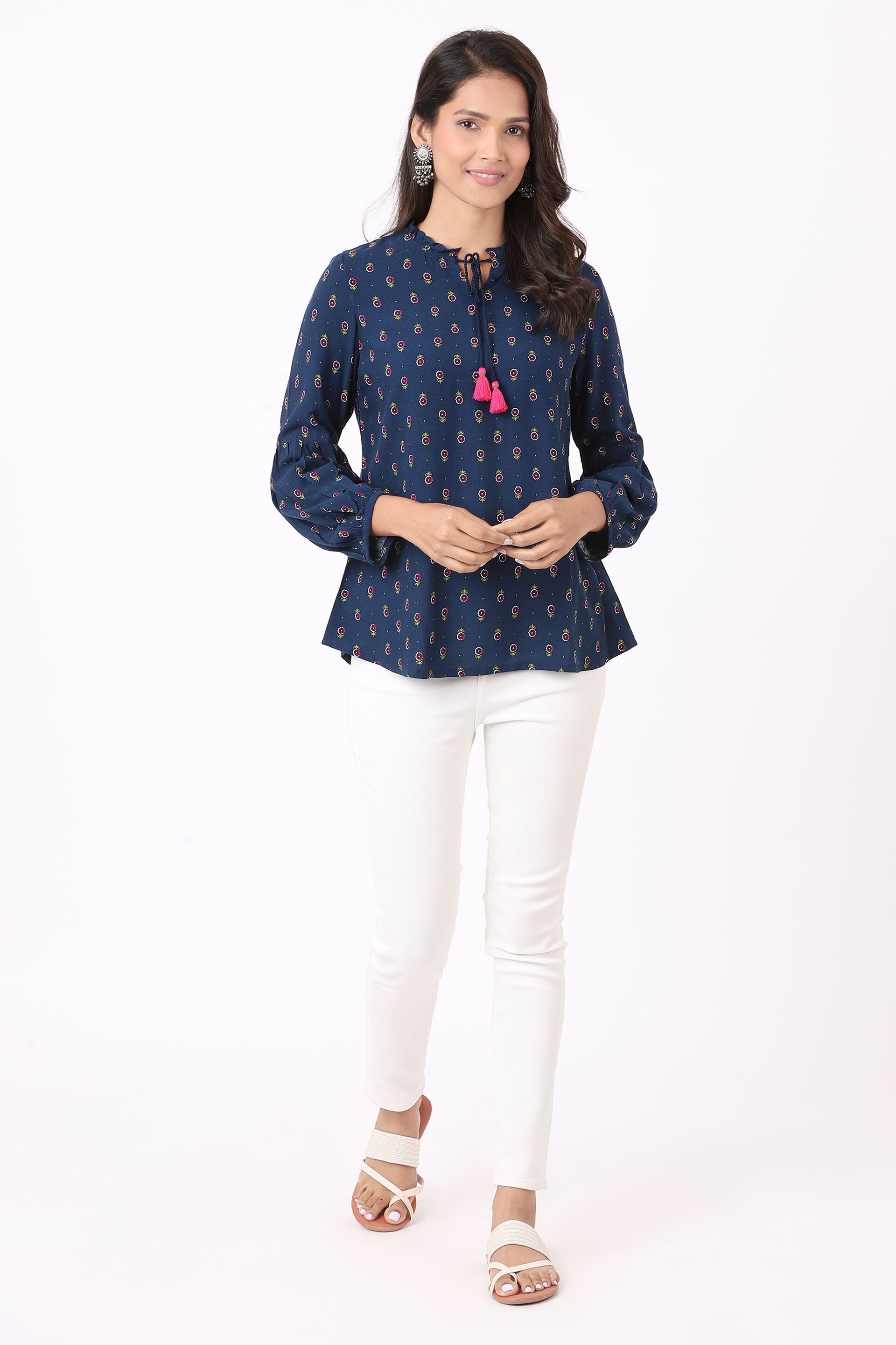 Blue Ethnic Motifs Curved Slip-On Top, Blue, image 2
